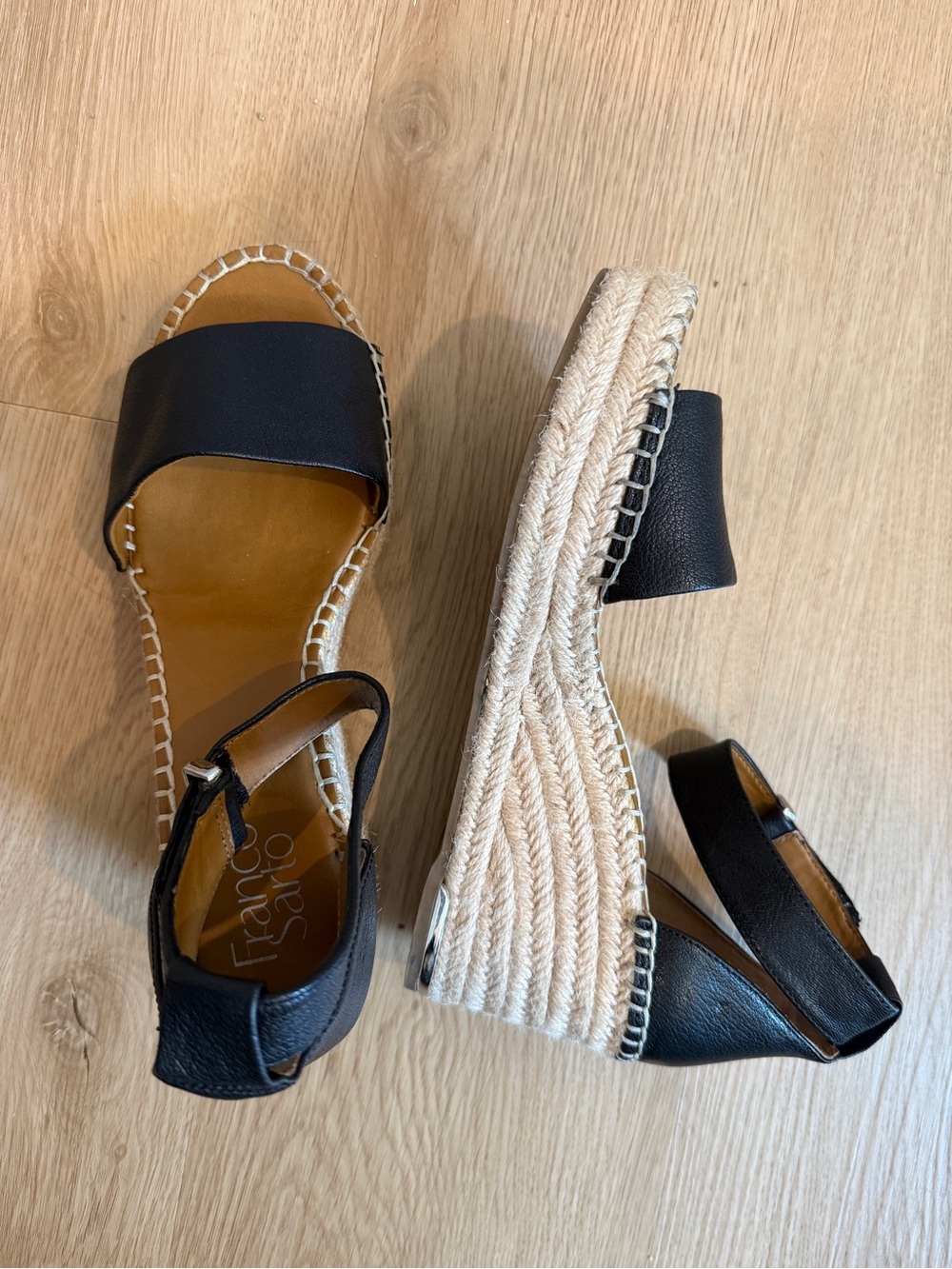 Vince Camuto Black Leather Espadrille Wedge Sandals